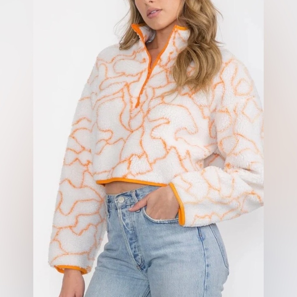 Pretty Garbage NWT White Orange Marble Cropped Fleece Quarter Zip Sweatshirt L